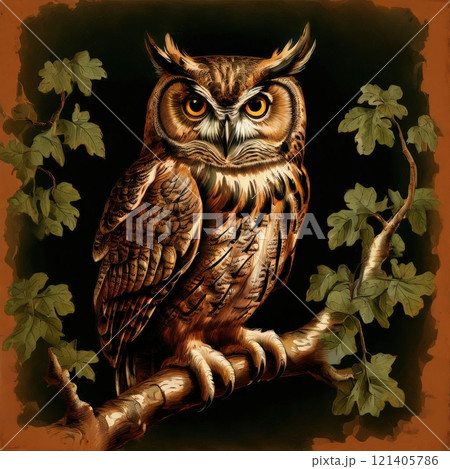 the AI Image Generator, Illustration of a Majestic Owl Perched on a Branch 121405786