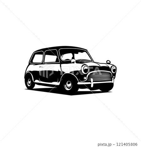 Mini Cooper car. vintage car logo silhouette. isolated white background view from side. Best for logo, badge, emblem, icon, sticker design 121405806