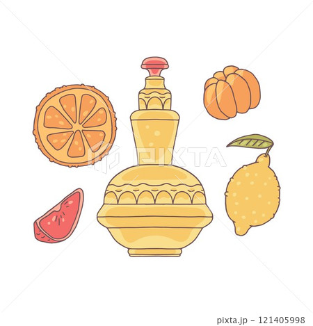 Vector illustration with perfume vintage glass bottle with orange and lemon fragrance. Vector illustration with perfume vintage glass bottle with orange and lemon fragrance. 121405998