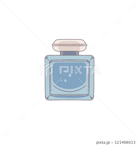 Vector image of a blue glass perfume bottle with bubbles on a white background. 121406013