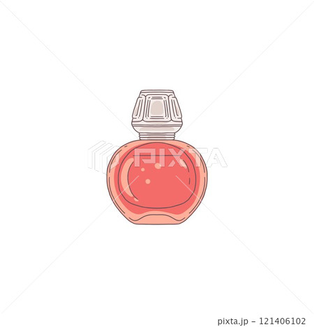 Vector illustration of a red round glass perfume bottle is highlighted on a white background 121406102