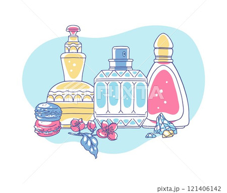 Vector illustration of perfume bottles, different shapes and ingredients. Vector illustration of perfume bottles, different shapes and ingredients. 121406142