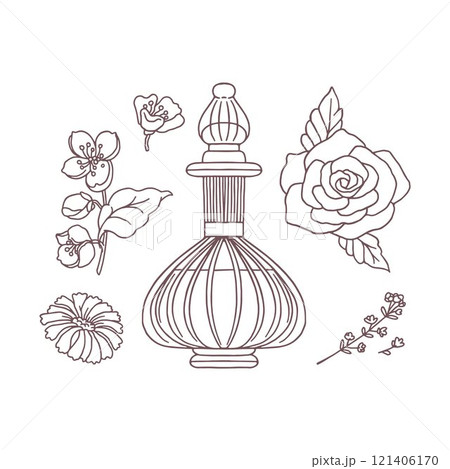 Vector illustration depicting a set of outline sketches of perfume bottle and flower ingredients. Vector illustration depicting a set of outline sketches of perfume bottle and flower ingredients. 121406170