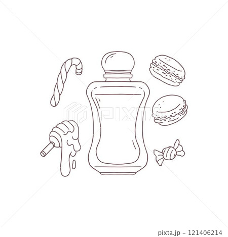 Vector illustration of vintage perfume bottles with aroma of sweets and honey in contour style 121406214