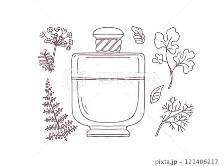 Vector illustration of a set of outline silhouette of a perfume bottle with ingredients. Vector illustration of a set of outline silhouette of a perfume bottle with ingredients. 121406217