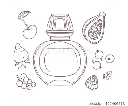 Illustration of a set with a black and white sketch of a perfume bottle with berry ingredients. 121406218
