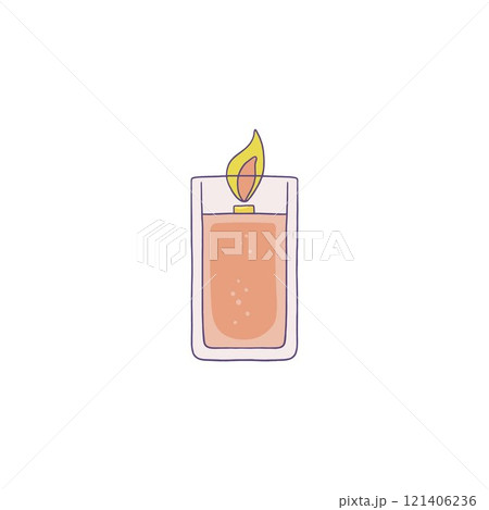 Burning aromatic candle flat vector, beige wax candle in glass jar, natural fragrance, aromatherapy design element Burning aromatic candle flat vector, beige wax candle in glass jar, natural fragrance, aromatherapy design element 121406236