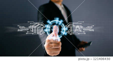 Businessman protecting personal data on finger print with virtual screen interfaces. Cyber security and privacy concepts to protect data. Lock icon and internet network security technology. 121406430