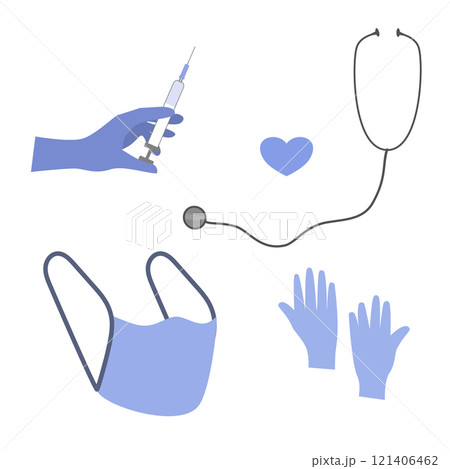 Stethoscope, gloves, mask, hand with syringes and heart symbol on white background 121406462