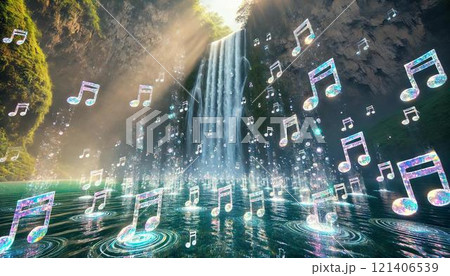 透明な滝と降り注ぐ音符が創り出す神秘的な自然の風景 121406539