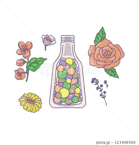 Flowers and glass bottle with perfume colorful scent gel balls, rose, lavender, daisy blossom, vector floral fragrance 121406560