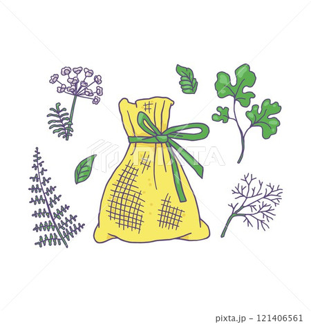 Perfume sachet or small bag, fennel dill, parsley cilantro plant leaves vector icons set, natural seasoning fragrance Perfume sachet or small bag, fennel dill, parsley cilantro plant leaves vector icons set, natural seasoning fragrance 121406561