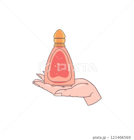Elegance perfume red glass bottle with cap in hand, beautiful cologne vial, vector fragrant cosmetic flask on the palm Elegance perfume red glass bottle with cap in hand, beautiful cologne vial, vector fragrant cosmetic flask on the palm 121406569