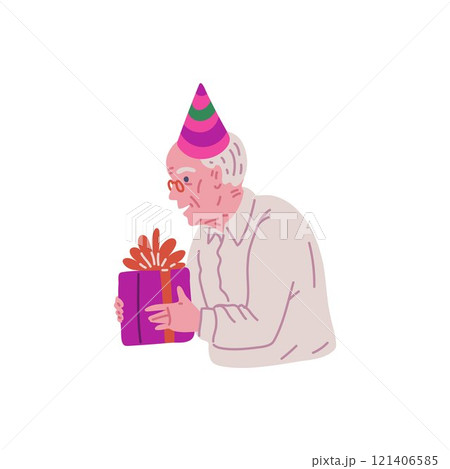 Happy old man in festive hat holds gift box, vector cartoon grandfather celebrate birthday, elderly man enjoy holiday 121406585