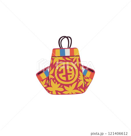 Korean lucky bag decorated with flowers pattern and hieroglyph, vector traditional Asian purse, textile pouch for gifts 121406612