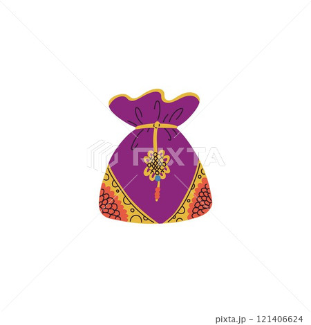 Korean lucky bag decorated with flowers and tassel, vector traditional Asian lucky symbol purse, silk pouch for gifts Korean lucky bag decorated with flowers and tassel, vector traditional Asian lucky symbol purse, silk pouch for gifts 121406624