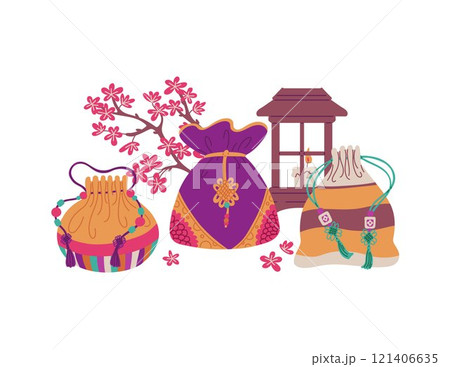 Vector illustration Korean bags for good luck, surrounded by a sakura net, flowers, a candle Vector illustration Korean bags for good luck, surrounded by a sakura net, flowers, a candle 121406635