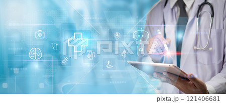 A doctor operates a tablet displaying medical icons and AI symbols for digital healthcare applications. 121406681