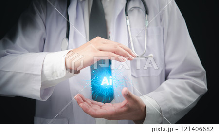 Doctor hands surrounding a glowing AI icon, symbolizing artificial intelligence in healthcare. Doctor hands surrounding a glowing AI icon, symbolizing artificial intelligence in healthcare. 121406682