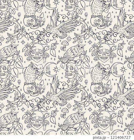 Seamless pattern with hand drawn black and white inky eagle owls sitting on human skulls 121406727