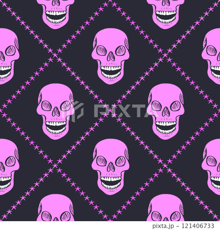 Seamless pattern with hand drawn skulls inside trellis 121406733