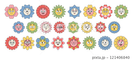 Crazy funky doodle daisy flower faces colorful chamomile characters with different emotions set 121406840