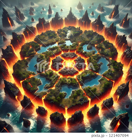 Video Game Round Volcanic Location with Lava and Smoke 121407094