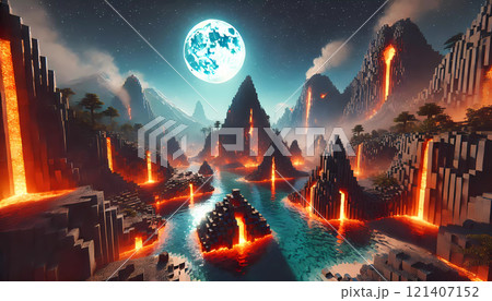 Video Game Volcanic Location with Lava and Smoke 121407152