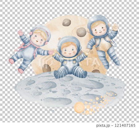 Watercolor illustration of a cute astronauts and moon surface with craters in background of planet in a cosmic universe. Drawing of Baby Spacemen for childish nursery or kids cards in pastel colors. 121407165
