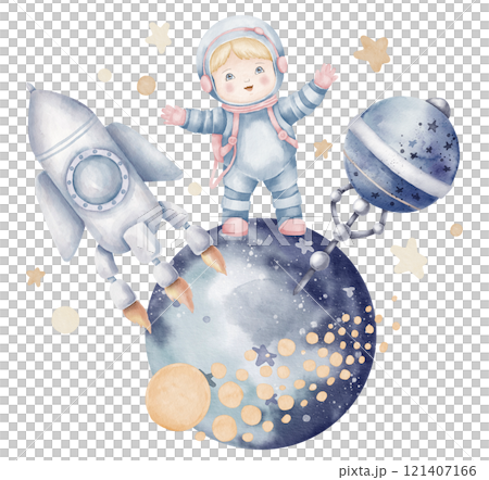 Watercolor illustration of Baby Astronaut standing on a Planet with spaceship and sputnik, surrounded by cosmic stars. Drawing of kid and Space for nursery, birthday cards or baby shower invitations. 121407166