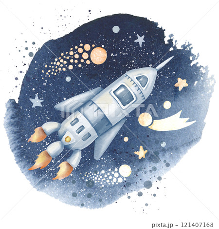 Watercolor illustration of a Rocket Spaceship flying through a starry Cosmic sky with shooting stars, planets, and celestial background. Space for children poster or baby greeting cards and invitation Watercolor illustration of a Rocket Spaceship flying through a starry Cosmic sky with shooting stars, planets, and celestial background. Space for children poster or baby greeting cards and invitation 121407168