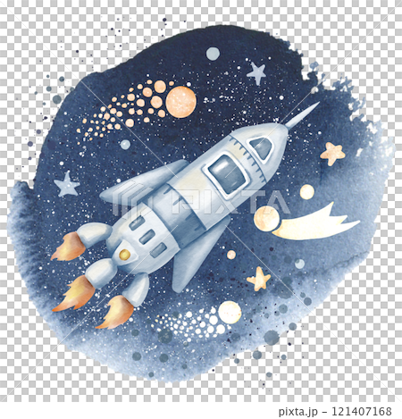 Watercolor illustration of a Rocket Spaceship flying through a starry Cosmic sky with shooting stars, planets, and celestial background. Space for children poster or baby greeting cards and invitation Watercolor illustration of a Rocket Spaceship flying through a starry Cosmic sky with shooting stars, planets, and celestial background. Space for children poster or baby greeting cards and invitation 121407168