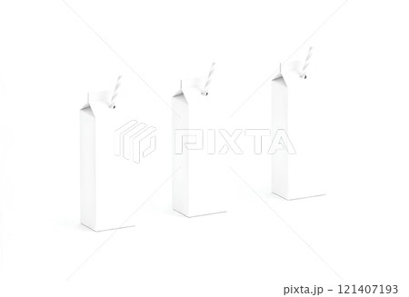 Black white juice pack with straw mockup, front side view, isolated, 3d rendering. Empty container pack for beverage mock up, front and side view. Clear milk packet with drinking pipe template. 121407193