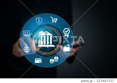 Circular banking icon surrounded by financial symbols, symbolizing secure digital finance solutions, payments, and economic services. Circular banking icon surrounded by financial symbols, symbolizing secure digital finance solutions, payments, and economic services. 121407317