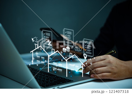 Hand using a virtual real estate interface on a laptop, representing digital tools in property management, sales, and mortgage processing. 121407318