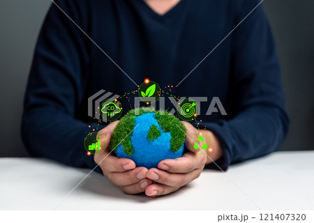 Earth held in hands with eco-icons, symbolizing environmental responsibility, sustainability, and green initiatives. Suitable for eco-conscious brands. Earth held in hands with eco-icons, symbolizing environmental responsibility, sustainability, and green initiatives. Suitable for eco-conscious brands. 121407320