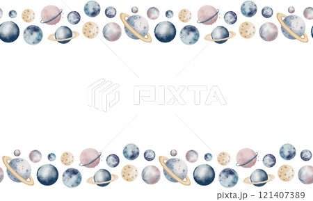 Watercolor template for card with seamless Border. Illustration of Planets for baby invitations in pastel blue and pink colors. Cute Space Frame for childish design. Cosmos Pattern with universe. Watercolor template for card with seamless Border. Illustration of Planets for baby invitations in pastel blue and pink colors. Cute Space Frame for childish design. Cosmos Pattern with universe. 121407389