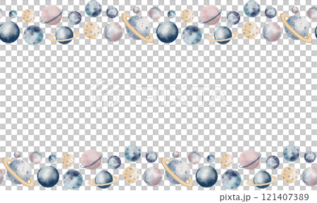 Watercolor template for card with seamless Border. Illustration of Planets for baby invitations in pastel blue and pink colors. Cute Space Frame for childish design. Cosmos Pattern with universe. 121407389