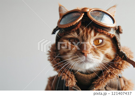Happy cat wearing Pilot costumes, studio lighting, isolated on white background, stock photographic style 121407437