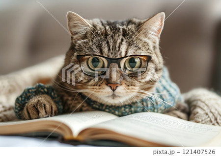 Happy cat wearing Writer costumes, studio lighting, isolated on white background, stock photographic style 121407526