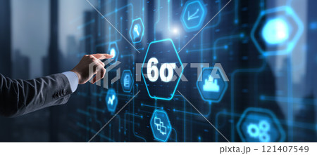 Business man pointing six sigma to control products quality process Business man pointing six sigma to control products quality process 121407549