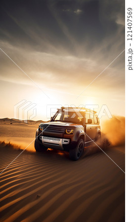 4x4 driving through desert with cinematic at sunset. Desert Road Trip. Allterrain driving the desert 121407569