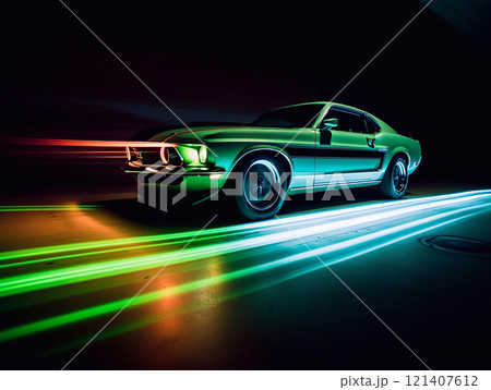 American Muscle Car. Old retro classic sports car, vintage old american cars, with neon lights 121407612