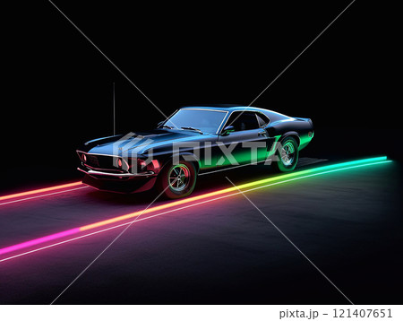 American Muscle Car. Old retro classic sports car, vintage old american cars, with neon lights 121407651
