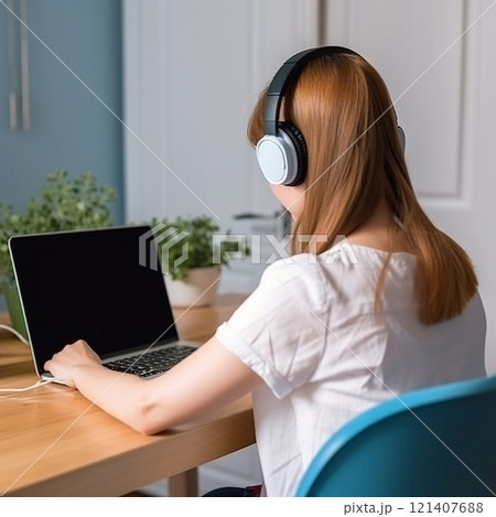 Hipster teenage student girl sit at table using laptop computer learning online Hipster teenage student girl sit at table using laptop computer learning online 121407688