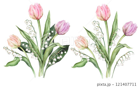 Bouquet of Pastel multi-colored Tulips and tender poured lily of the valley. Watercolor Hand drawn illustration delicate garden composition perennial bulbous flower for spring wedding design or card Bouquet of Pastel multi-colored Tulips and tender poured lily of the valley. Watercolor Hand drawn illustration delicate garden composition perennial bulbous flower for spring wedding design or card 121407711