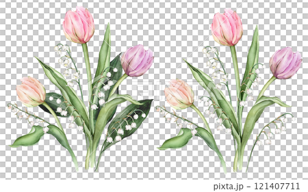 Bouquet of Pastel multi-colored Tulips and tender poured lily of the valley. Watercolor Hand drawn illustration delicate garden composition perennial bulbous flower for spring wedding design or card Bouquet of Pastel multi-colored Tulips and tender poured lily of the valley. Watercolor Hand drawn illustration delicate garden composition perennial bulbous flower for spring wedding design or card 121407711