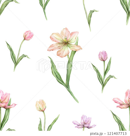 Seamless pattern of pastel pink light violet yellow bud Tulips watercolor illustration isolated on background. Hand drawn delicate spring perennial bulbous flower for spring wedding repeat design Seamless pattern of pastel pink light violet yellow bud Tulips watercolor illustration isolated on background. Hand drawn delicate spring perennial bulbous flower for spring wedding repeat design 121407713