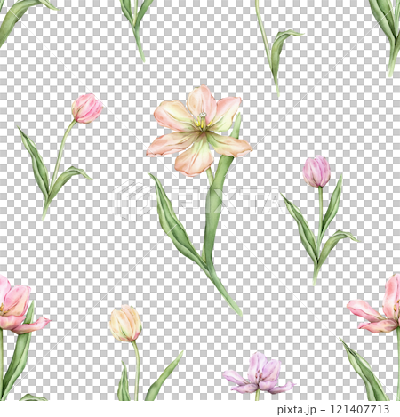 Seamless pattern of pastel pink light violet yellow bud Tulips watercolor illustration isolated on background. Hand drawn delicate spring perennial bulbous flower for spring wedding repeat design Seamless pattern of pastel pink light violet yellow bud Tulips watercolor illustration isolated on background. Hand drawn delicate spring perennial bulbous flower for spring wedding repeat design 121407713