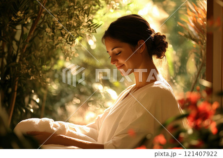 A massage therapist providing a relaxing treatment in a tranquil room 121407922